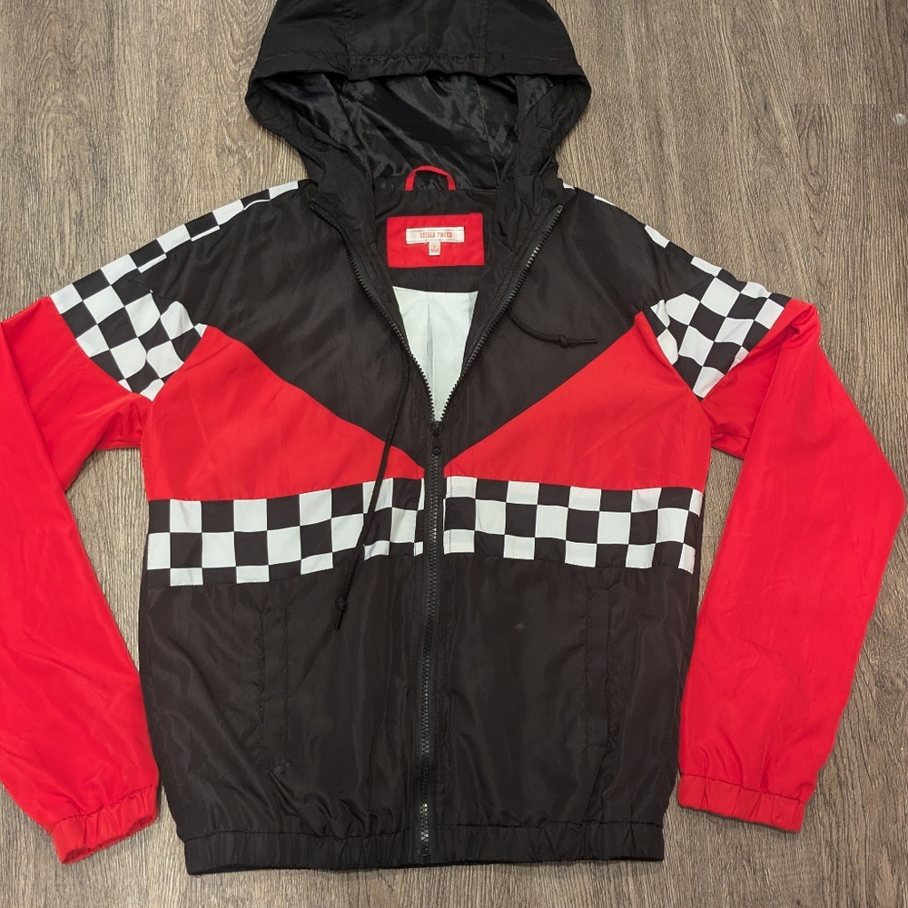 Stella Tweed Black Hooded Jacket with Red Accents For Women